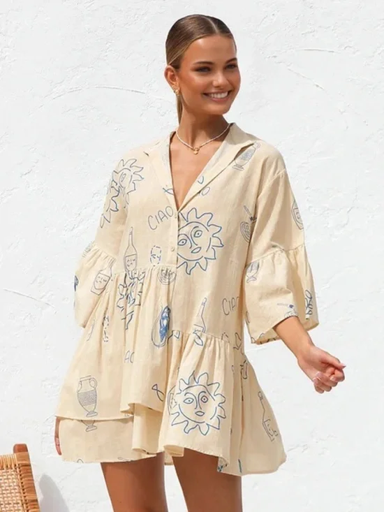 Commense "Ciao" Graphic Print Mini Dress - XS - Bell Sleeve & Tiered Hem - Picture 3 of 14